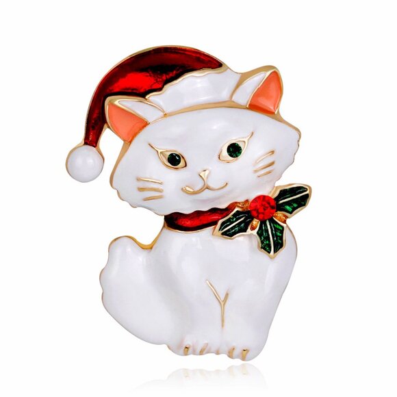 White Cat Christmas Brooch Rhinestone Cat Brooch Pin Holiday Pin Brooch - Picture 2 of 3